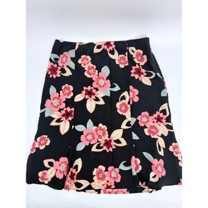 Harold's Silk Floral Skirt A-Line Y2K Women Size 14 Black Pink Peach Midi Skirt